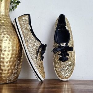 Keds x Kate Spade New York Gold Glitter Sneakers Ribbon Lace Women’s 8